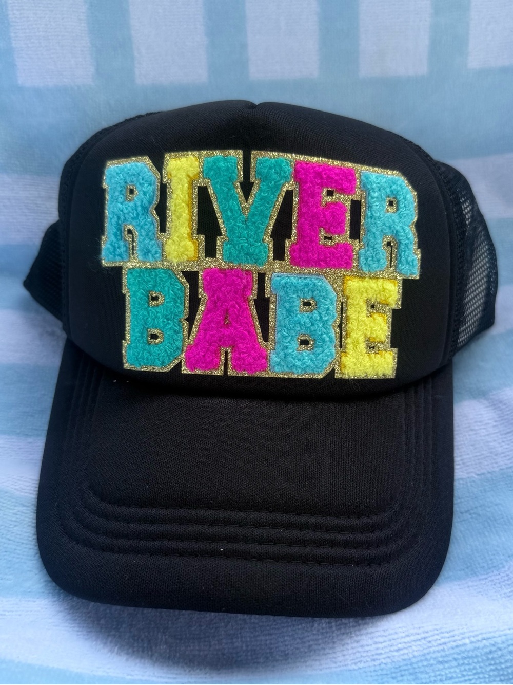 River Babe Black Trucker Hat with Colorful Chenille Patch
